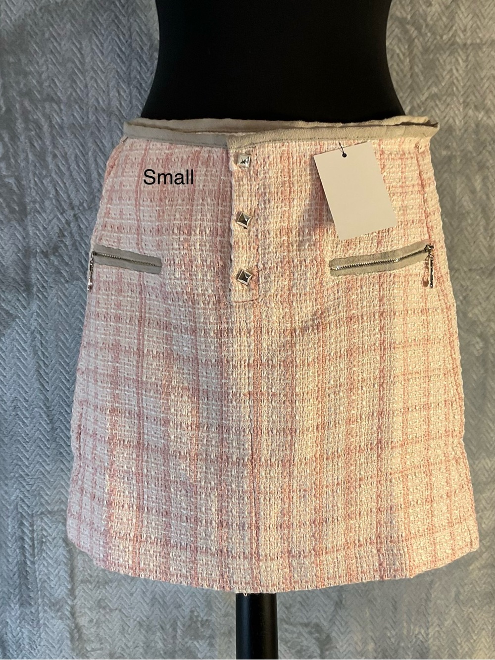 Esley Pink Tweed Mini Skirt with Metal Buttons